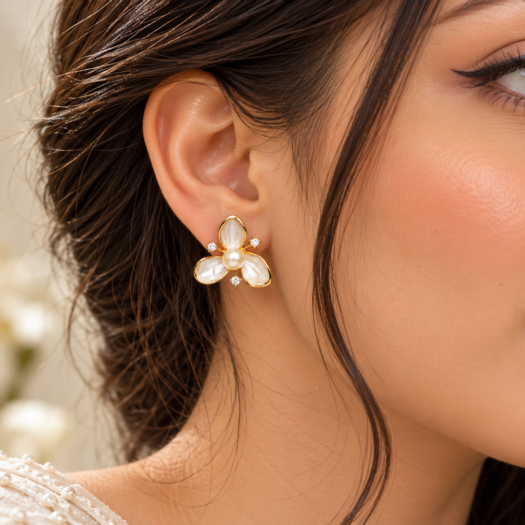 Pearl Blossom Floral Stud Earrings for Women – Elegant Gold-Tone Design | Krishna Pearls & Jewellers