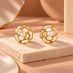 Ivory Rose Bloom Pearl Stud Earrings for Women – Elegant Gold-Tone Floral Design | Krishna Pearls & Jewellers