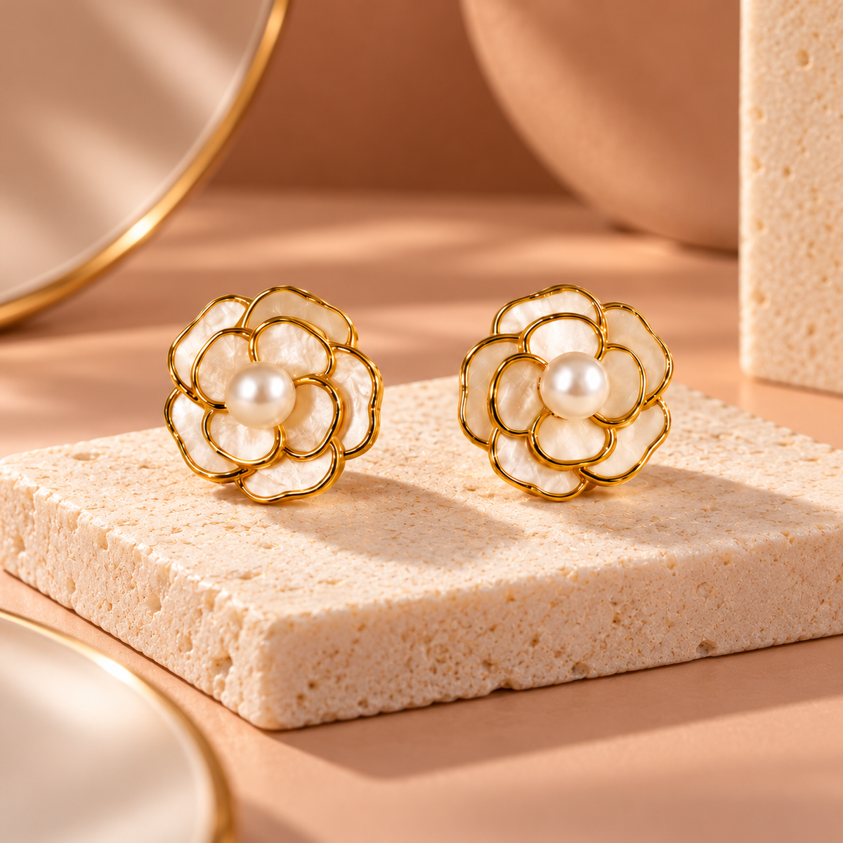 Ivory Rose Bloom Pearl Stud Earrings for Women – Elegant Gold-Tone Floral Design | Krishna Pearls & Jewellers