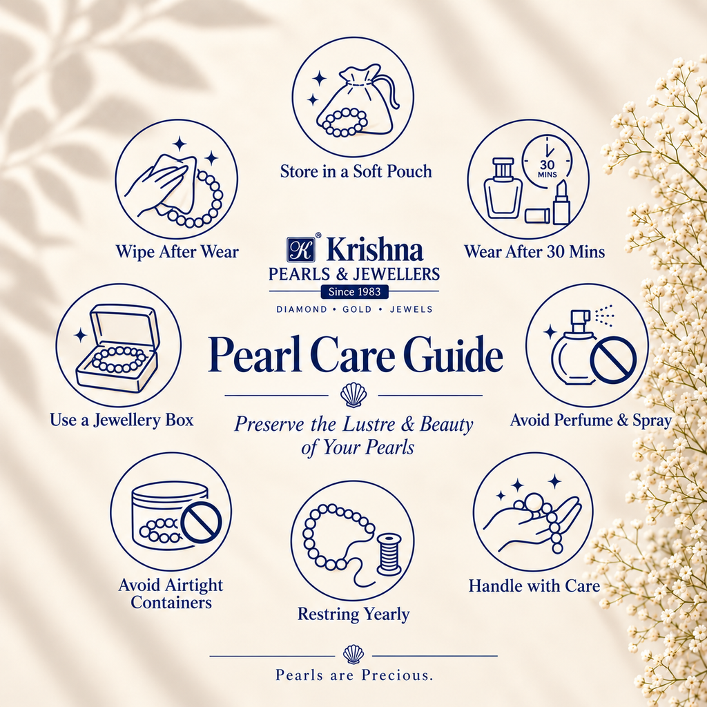 An informational graphic titled 'Pearl Care Guide' by Krishna Pearls & Jewelers, showing nine circular illustrated tips around the central title on a cream background with soft leaf shadows and dried flowers. The guide includes instructions such as store in a soft pouch, wipe after wear, wear after 30 mins, use a jewellery box, avoid perfume and airtight containers, and handle with care.