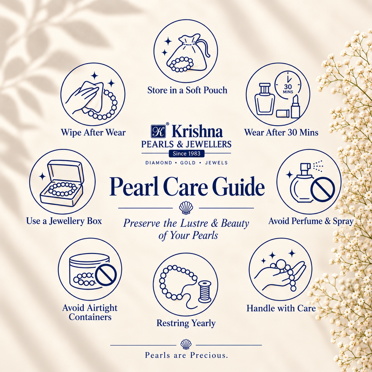 An informational graphic titled 'Pearl Care Guide' by Krishna Pearls & Jewelers, showing nine circular illustrated tips around the central title on a cream background with soft leaf shadows and dried flowers. The guide includes instructions such as store in a soft pouch, wipe after wear, wear after 30 mins, use a jewellery box, avoid perfume and airtight containers, and handle with care.