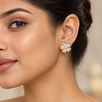 Ivory Glimmer Pearl Floral Stud Earrings for Women – Elegant Gold-Tone Design | Krishna Pearls & Jewellers