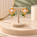 Pearl Rosebud Leaf Earrings for Women – Elegant Gold-Tone Floral Design | Krishna Pearls & Jewellers