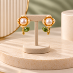 Pearl Rosebud Leaf Earrings for Women – Elegant Gold-Tone Floral Design | Krishna Pearls & Jewellers