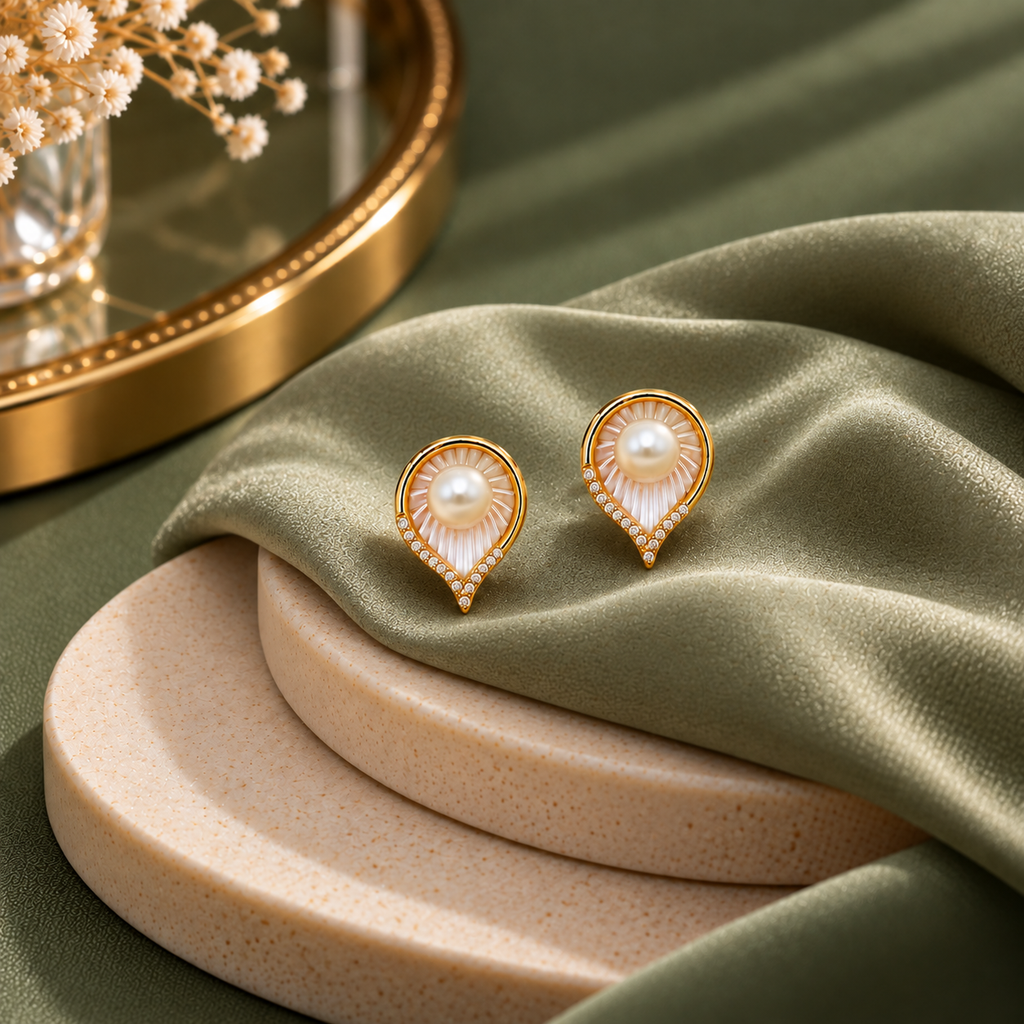 Gold-Tone Pearl Teardrop Stud Earrings for Women – Elegant Crystal Accents
