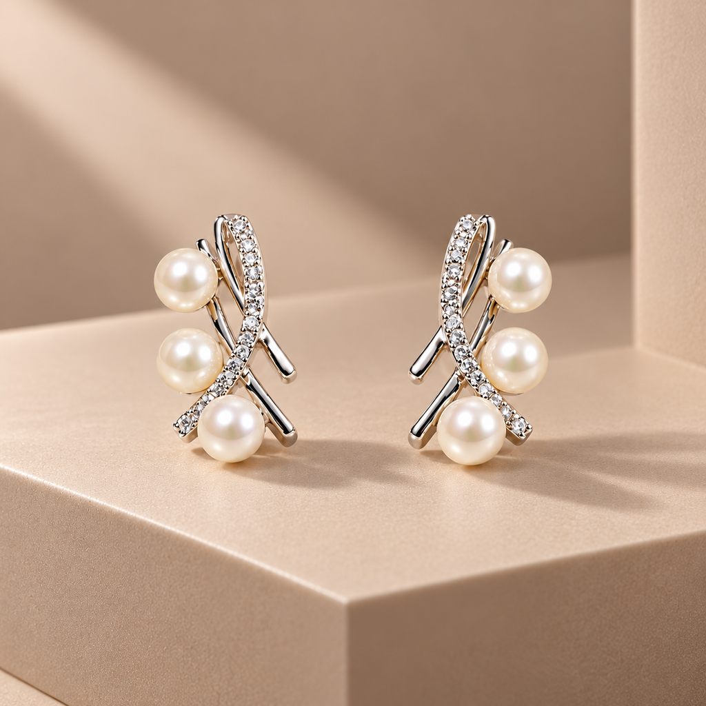 Triple Pearl Crisscross Stud Earrings for Women – Elegant Silver-Tone Design | Krishna Pearls & Jewellers