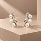 Triple Pearl Crisscross Stud Earrings for Women – Elegant Silver-Tone Design | Krishna Pearls & Jewellers