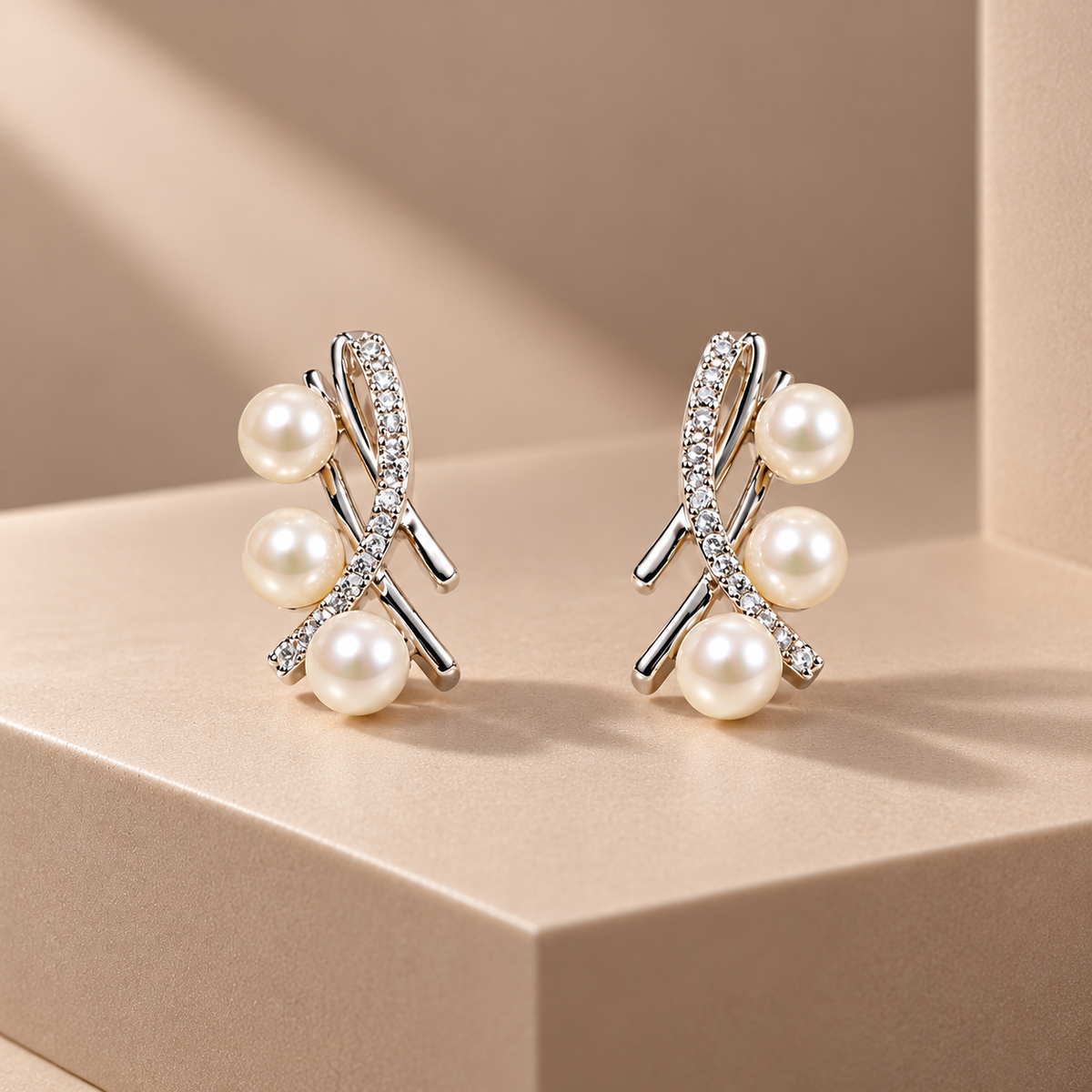 Triple Pearl Crisscross Stud Earrings for Women – Elegant Silver-Tone Design | Krishna Pearls & Jewellers