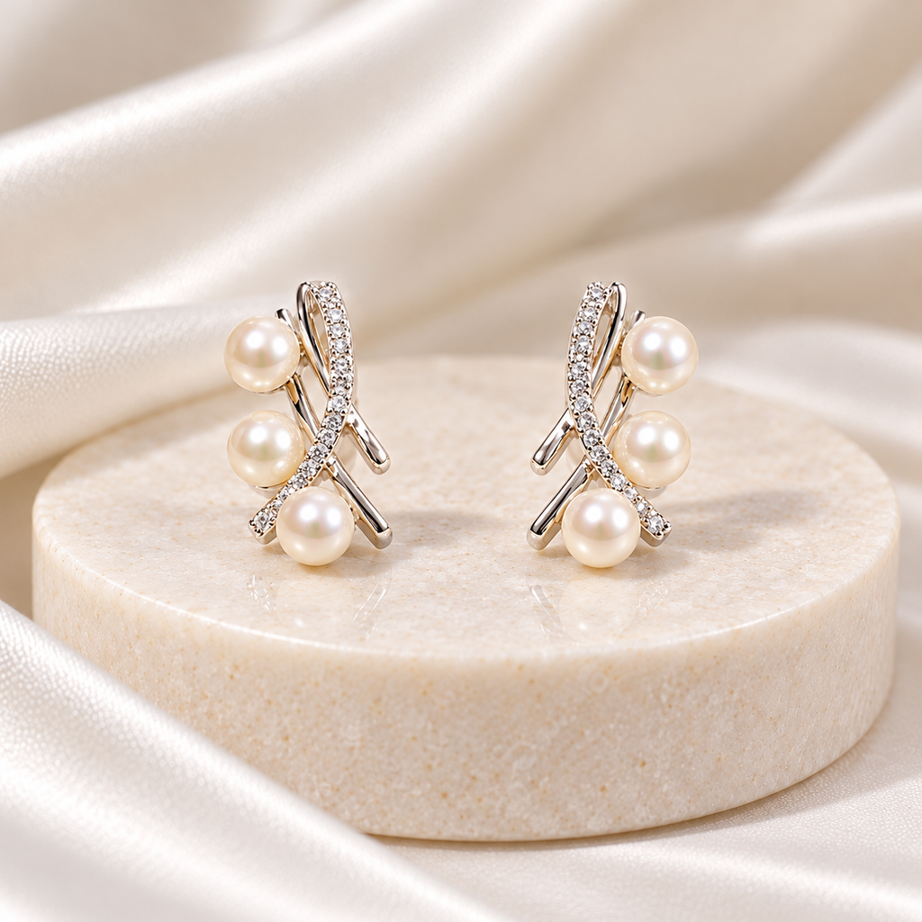 Triple Pearl Crisscross Stud Earrings for Women – Elegant Silver-Tone Design | Krishna Pearls & Jewellers