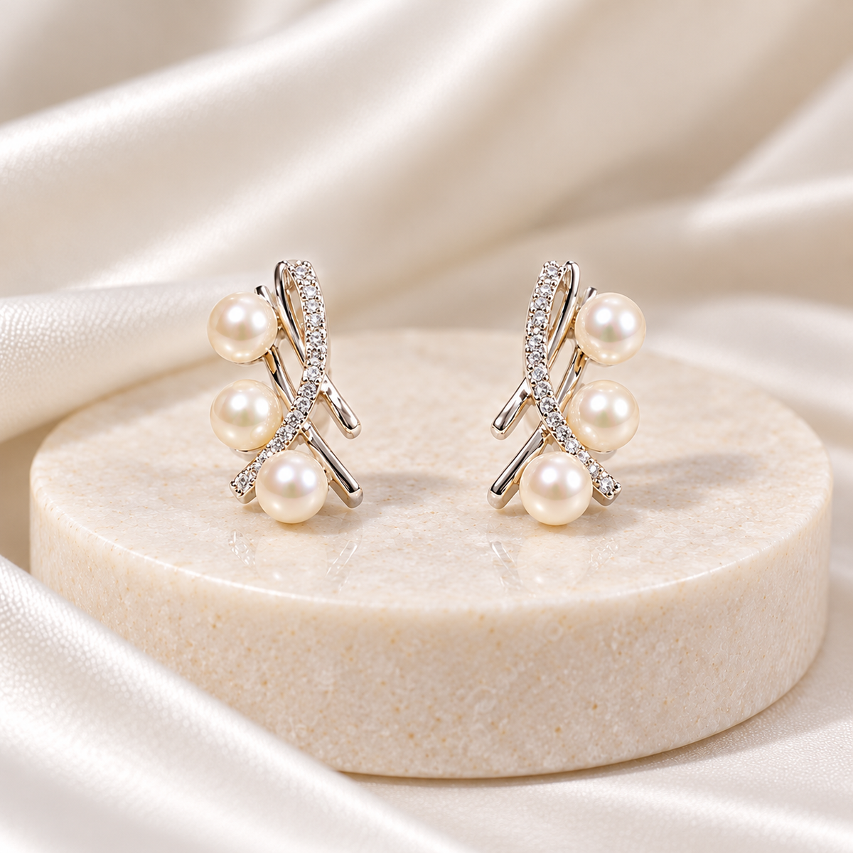 Triple Pearl Crisscross Stud Earrings for Women – Elegant Silver-Tone Design | Krishna Pearls & Jewellers