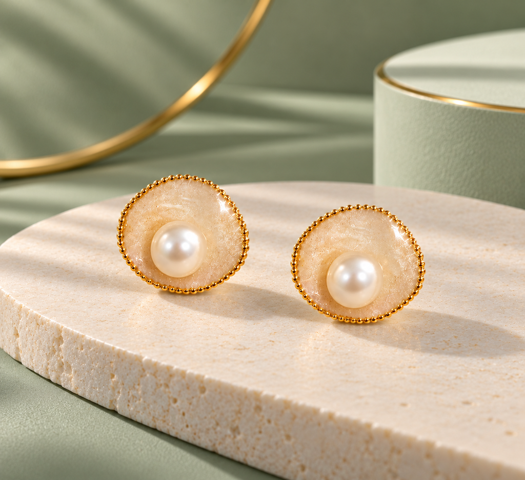 Ivory Pearl Halo Stud Earrings for Women – Elegant Gold-Tone Round Design | Krishna Pearls & Jewellers
