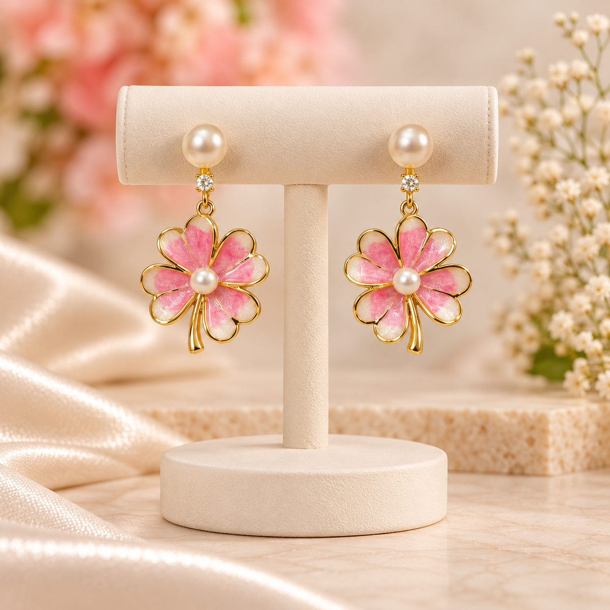 Pink Blossom Pearl Earrings for Women – Elegant Floral Jewellery | Krishna Pearls & Jewellers