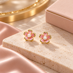 Pink Floral Pearl Earrings for Women – Elegant Gold-Tone Flower Earrings