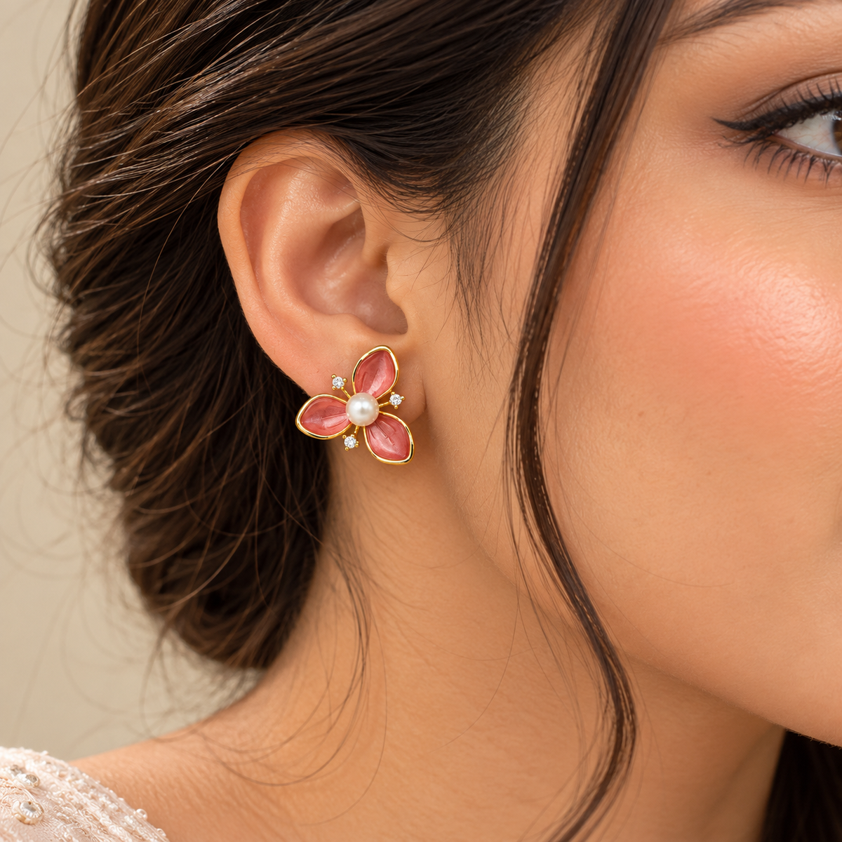Blush Bloom Pink Floral Pearl Earrings for Women | Krishna Pearls & Jewellers