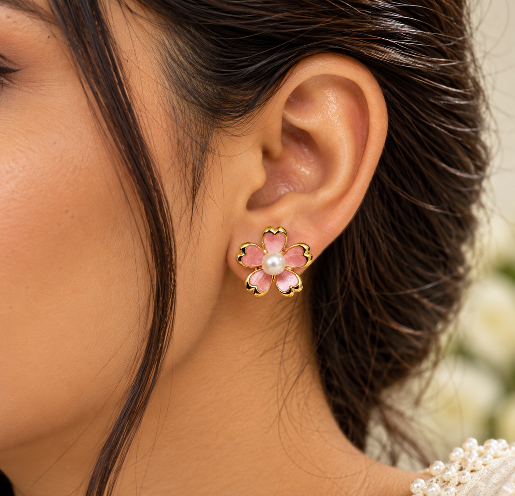 Pink Floral Pearl Earrings for Women – Elegant Gold-Tone Flower Earrings