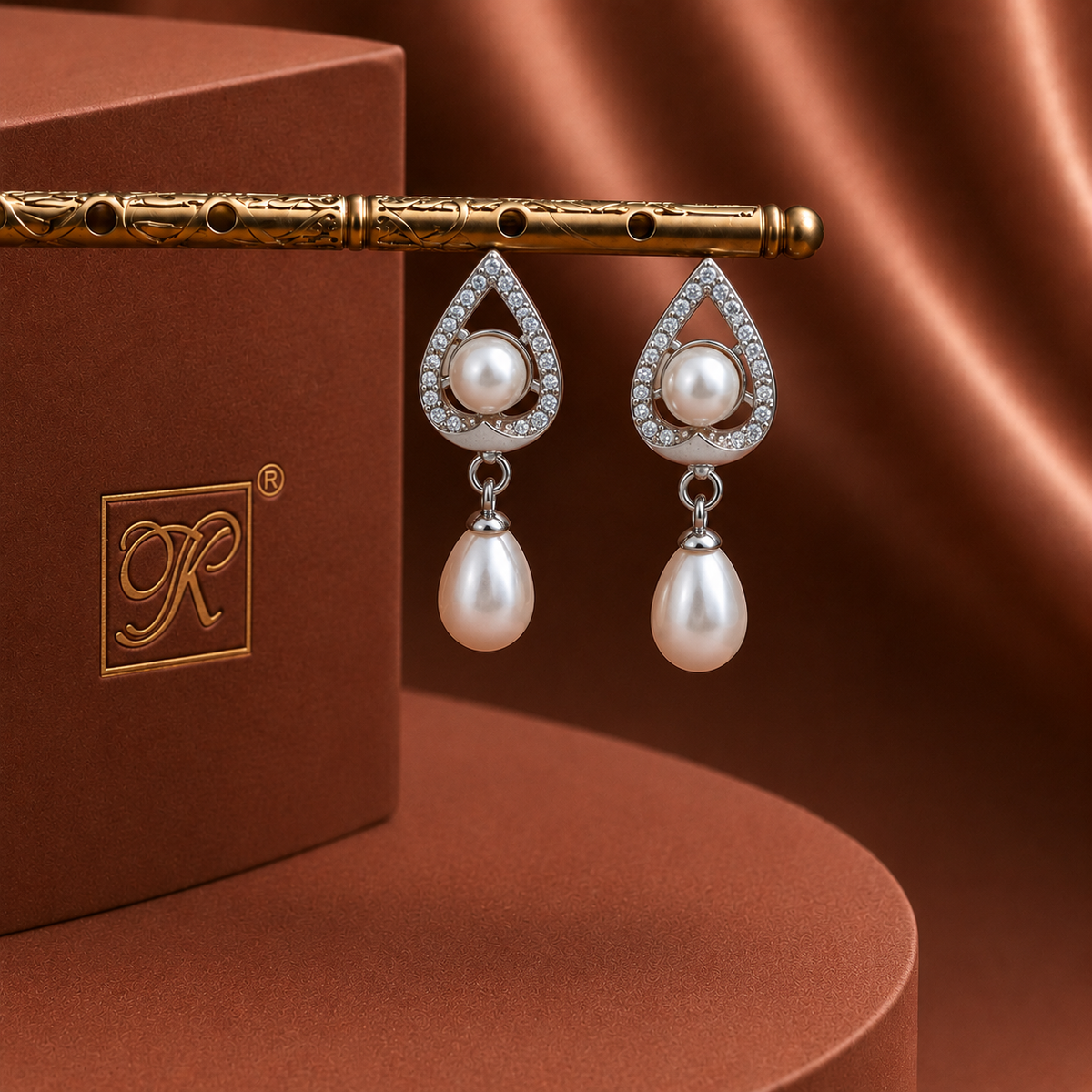 Premium White Polish Freshwater Pearl & CZ Drop Earrings in Silver Tone | Pearl Earrings for Women | Krishna Pearls & Jewellers