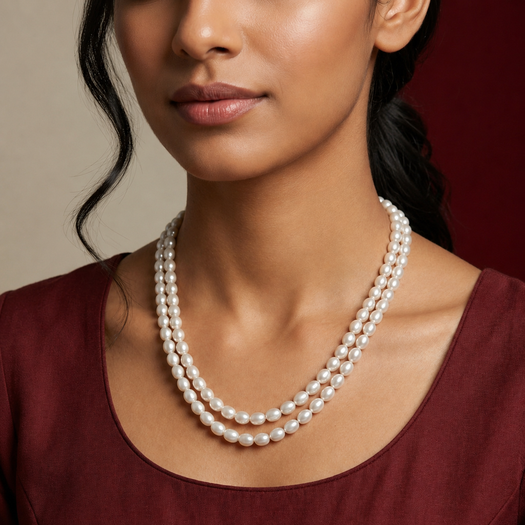 White Rice Pearl Double Line Mala Necklace (5-6 mm) | Pure Pearl Mala | Krishna Pearls & Jewellers, Hyderabad