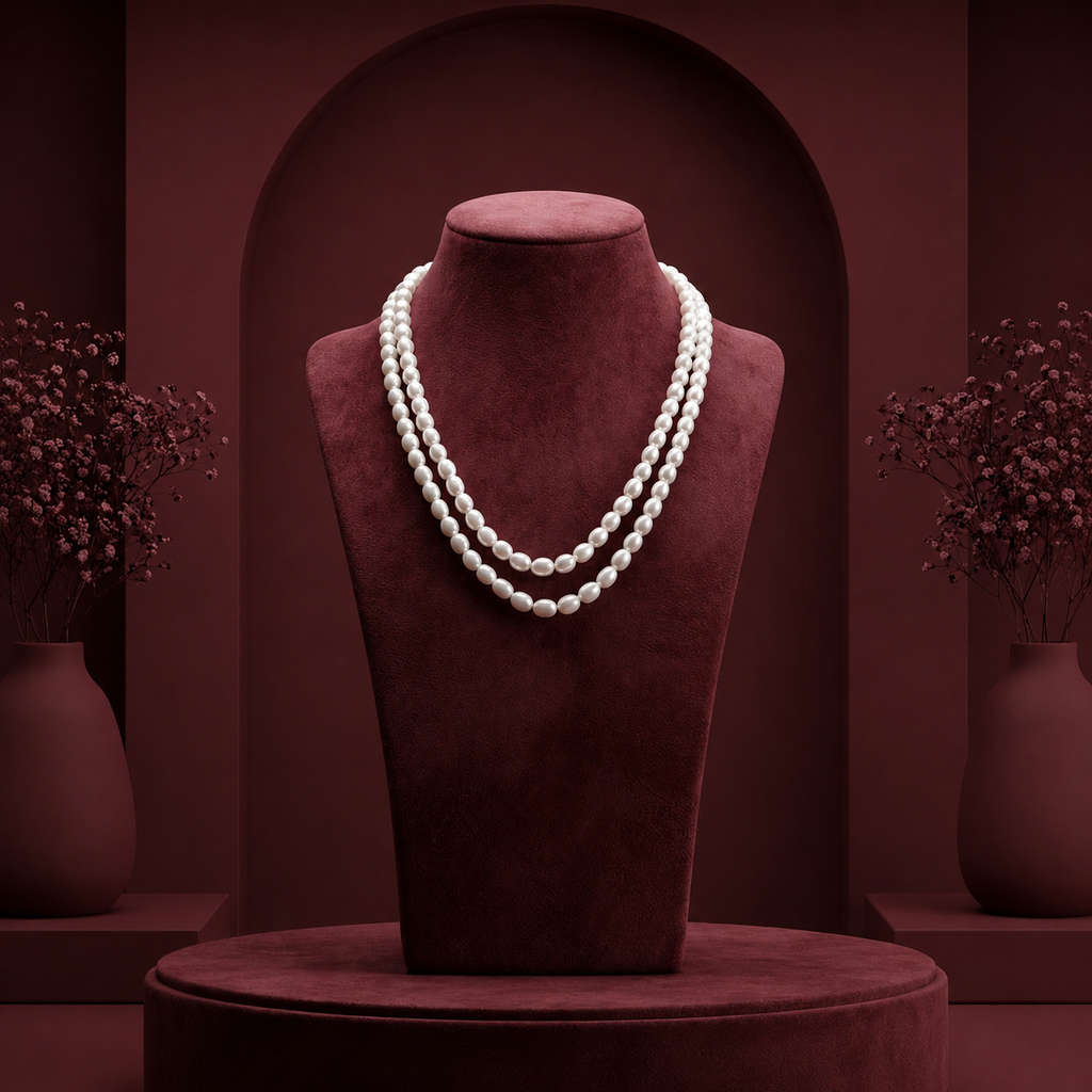 White Rice Pearl Double Line Mala Necklace (5-6 mm) | Pure Pearl Mala | Krishna Pearls & Jewellers, Hyderabad