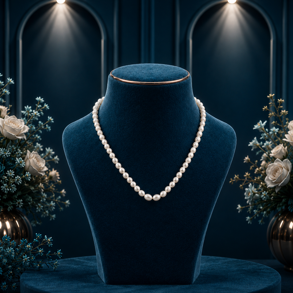White Rice Pearl Single Line Mala Necklace (5-6 mm) | Pure Pearl Mala | Krishna Pearls & Jewellers, Hyderabad