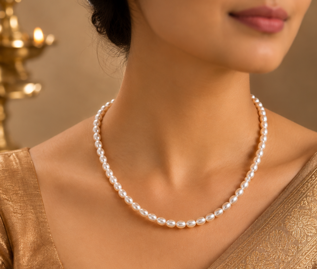Elegant Pearl Rice Mala Necklace | Pearl Necklace for Women | Krishna Pearls and Jewellers