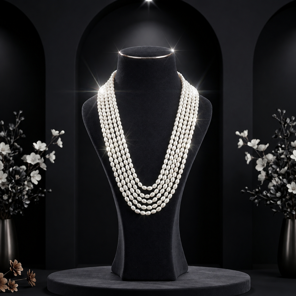 White Rice Pearl Five-Line Mala Necklace | Pure Pearl Mala | Krishna Pearls & Jewellers, Hyderabad