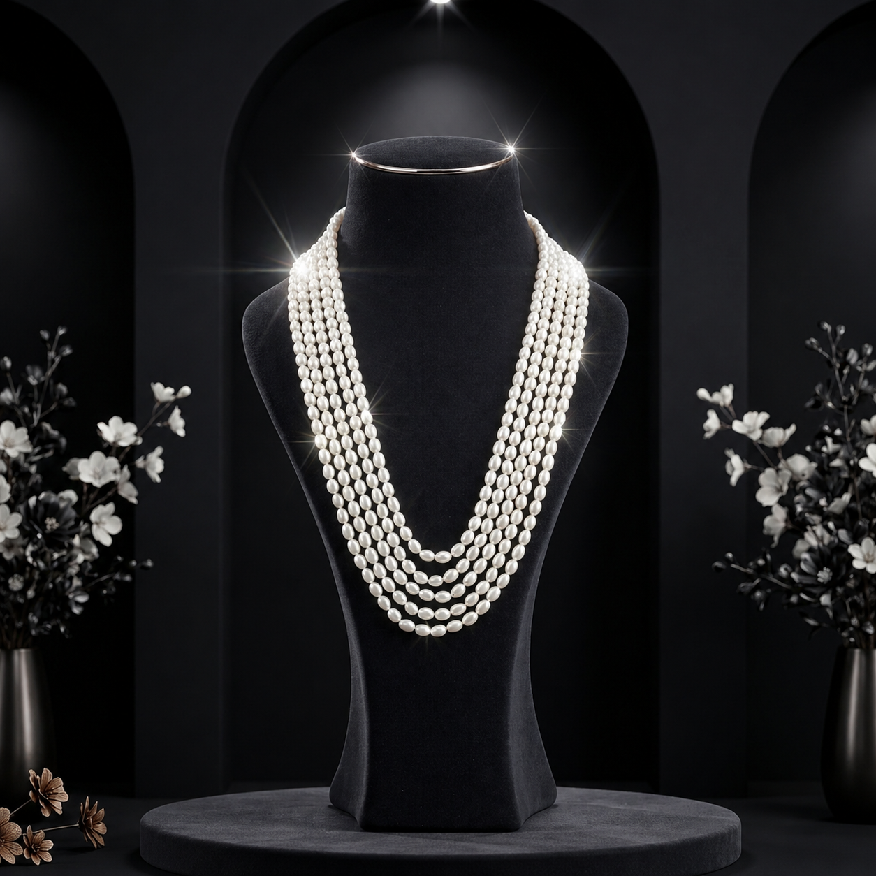 White Rice Pearl Five-Line Mala Necklace | Pure Pearl Mala | Krishna Pearls & Jewellers, Hyderabad