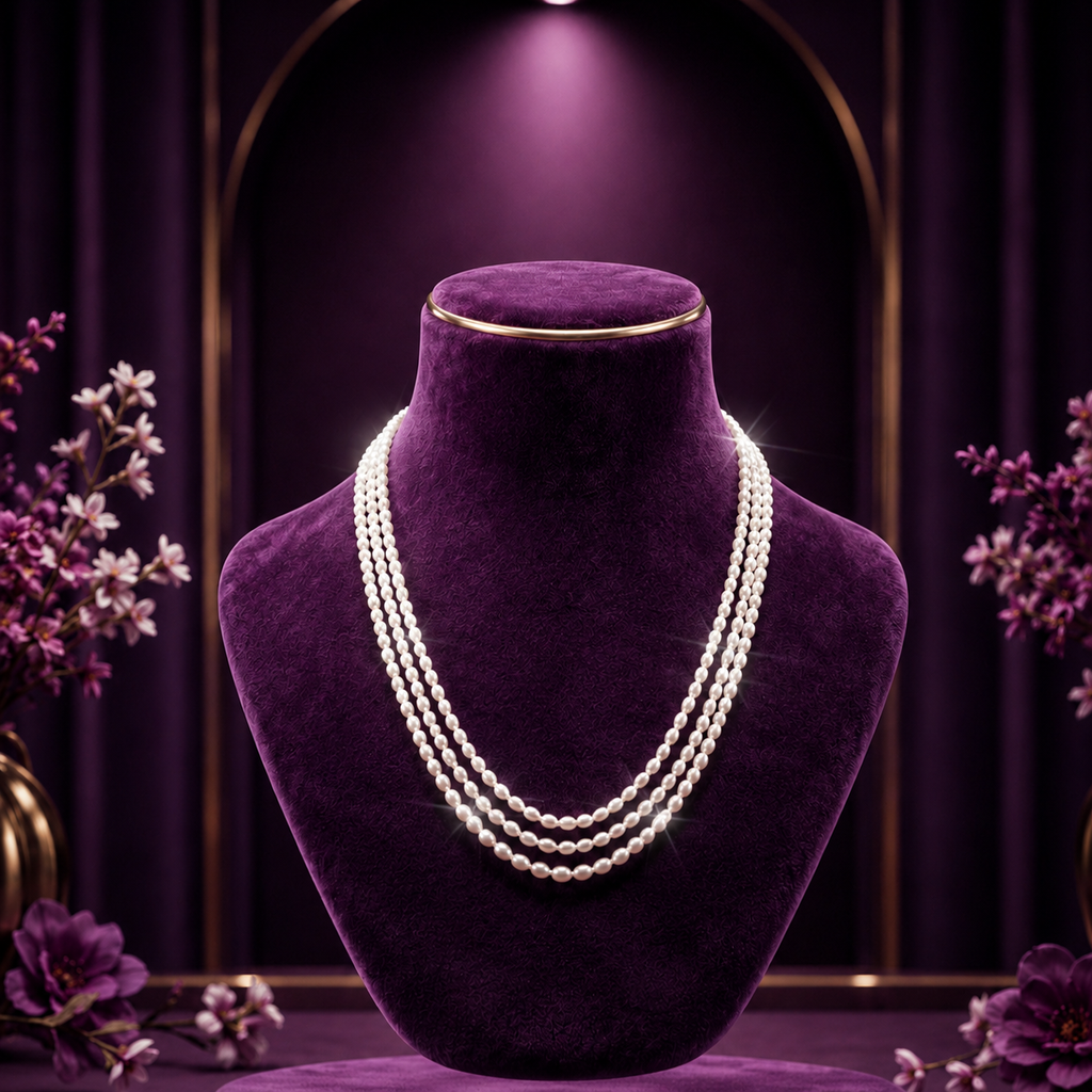 White Rice Pearl Triple Twisted Mala Necklace (2-3 mm) | Pure Pearl Mala | Krishna Pearls & Jewellers, Hyderabad