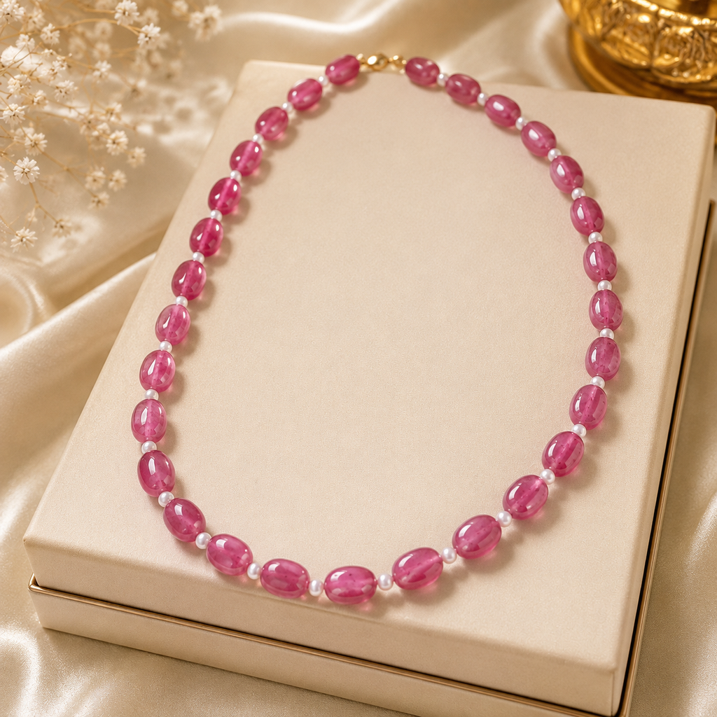 Pink Ruby Gemstone Mala with Pearl Spacers | Elegant Stone Necklace for Women -  Krishna Pearls and Jewellers