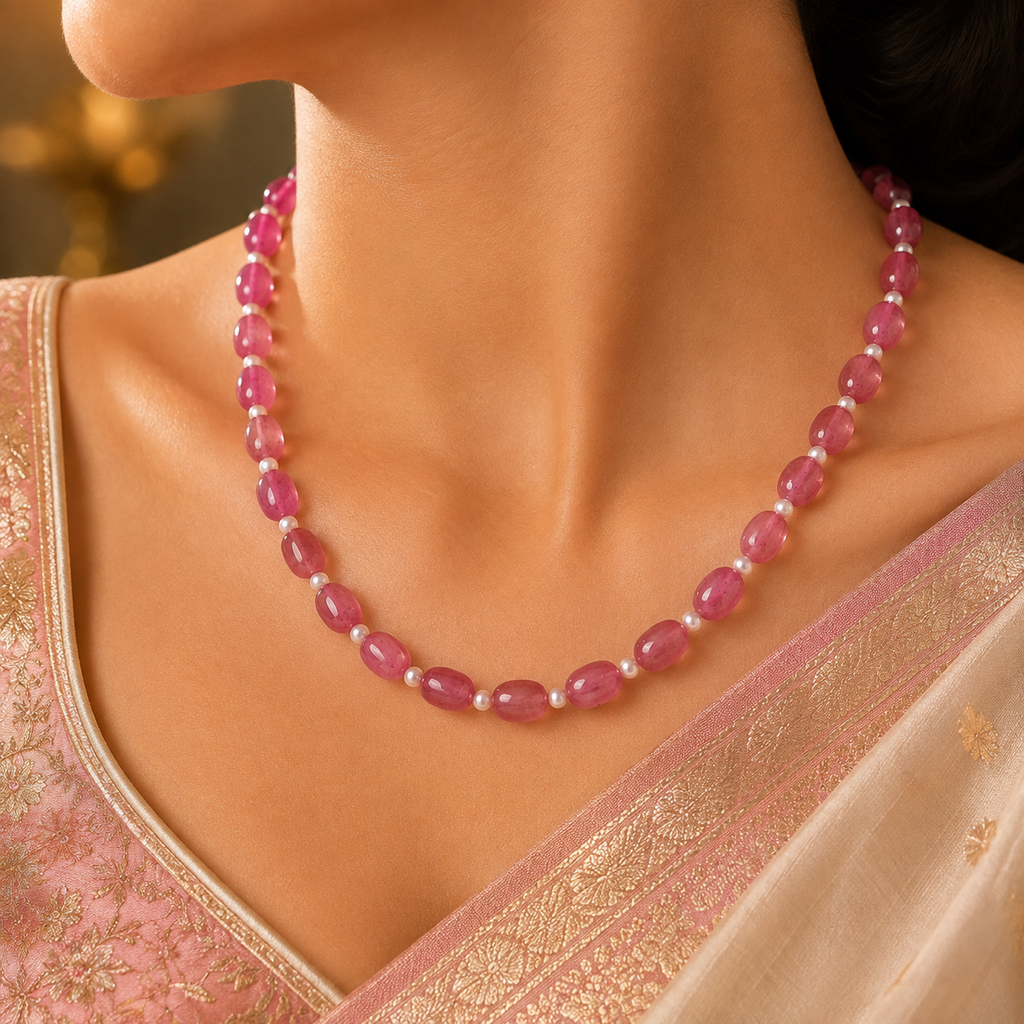 Pink Ruby Gemstone Mala with Pearl Spacers | Elegant Stone Necklace for Women -  Krishna Pearls and Jewellers