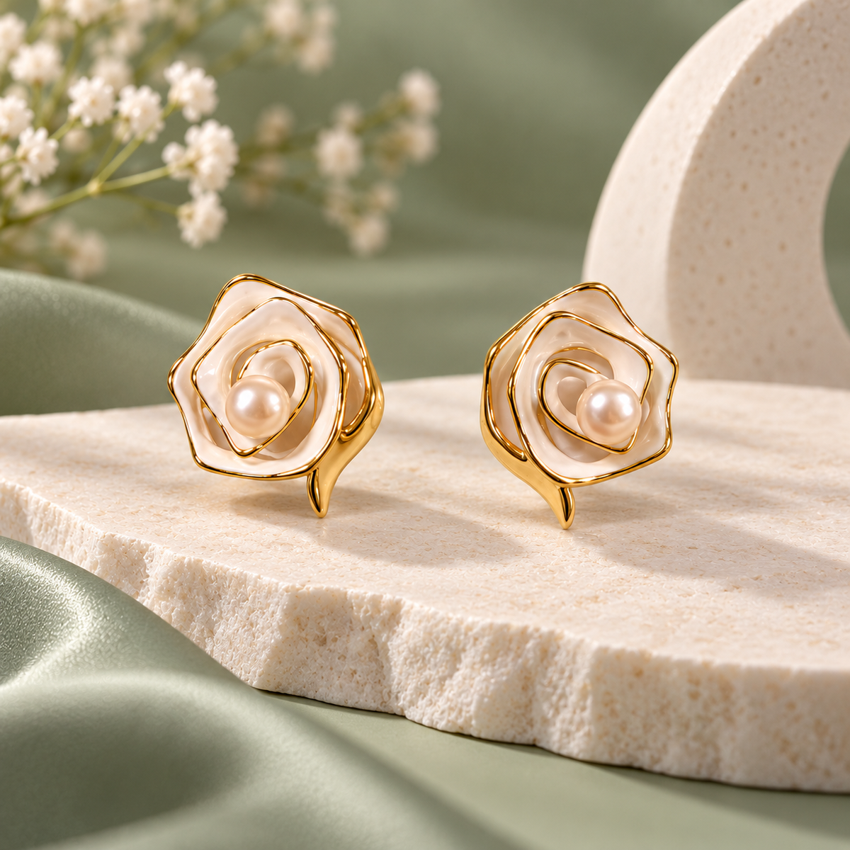 Ivory Rose Swirl Pearl Stud Earrings for Women – Elegant Gold-Tone Floral Design | Krishna Pearls & Jewellers