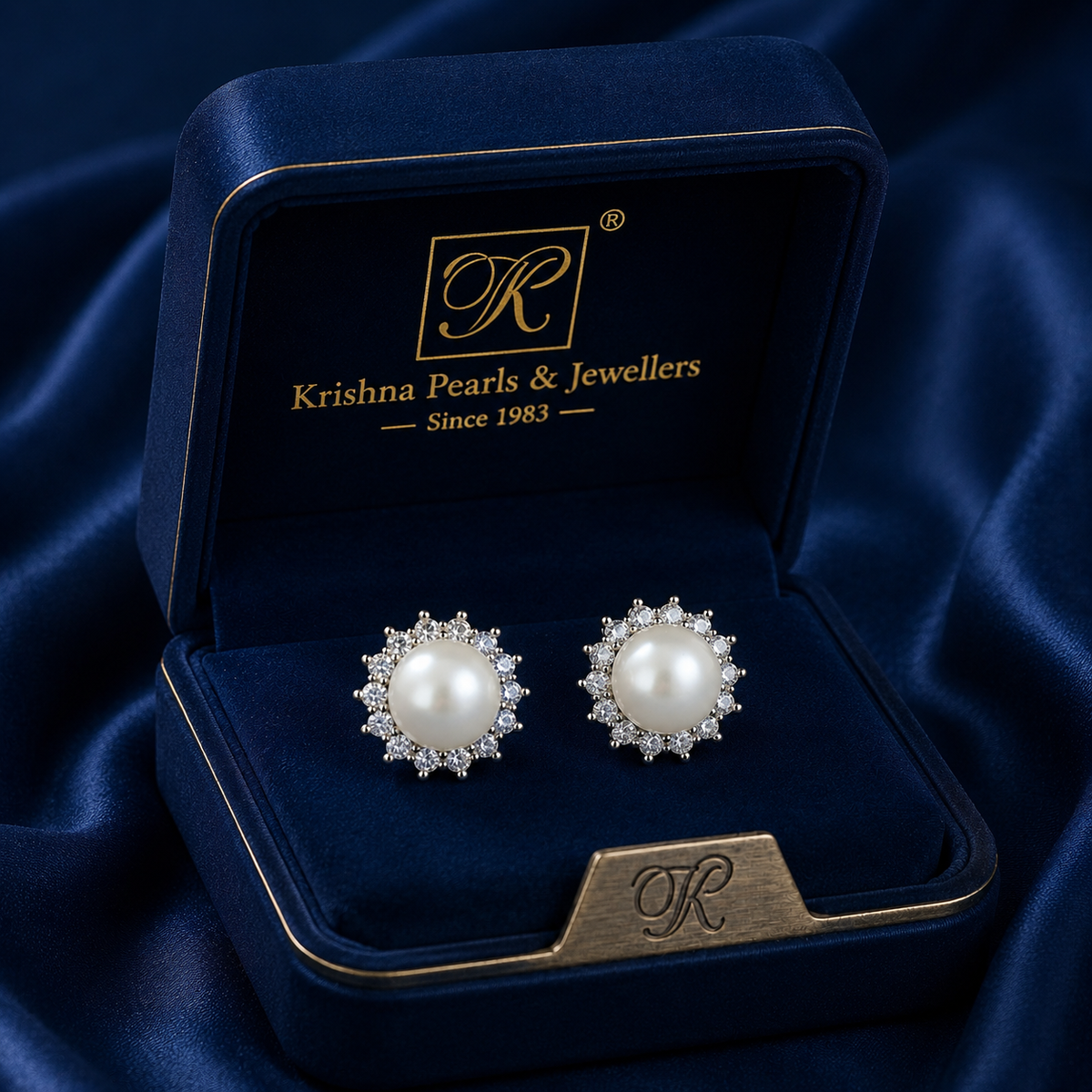 Royal White Polish Freshwater Pearl & CZ Stud Earrings in Silver Tone | Pearl Earrings for Women | Krishna Pearls & Jewellers