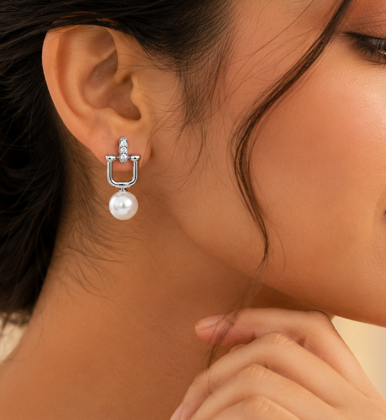 Silver U-Shaped Pearl Drop Earrings with Crystal Accents