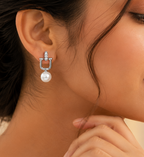 Silver U-Shaped Pearl Drop Earrings with Crystal Accents
