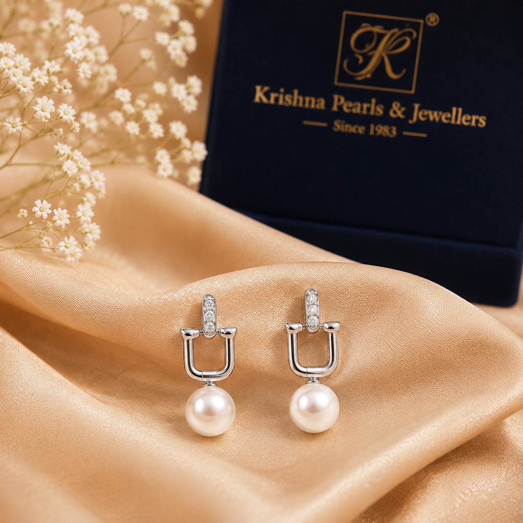 Silver U-Shaped Pearl Drop Earrings with Crystal Accents