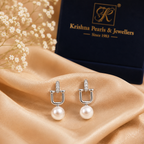 Silver U-Shaped Pearl Drop Earrings with Crystal Accents