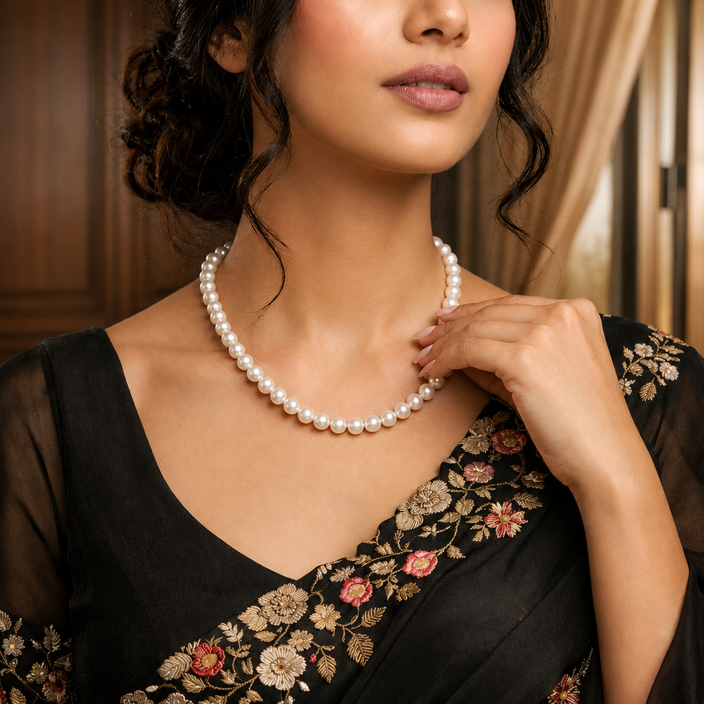 Sovereign White Seed Pearl Single Line Mala (7-8 mm) | Pure Pearl Mala | Krishna Pearls & Jewellers Hyderabad