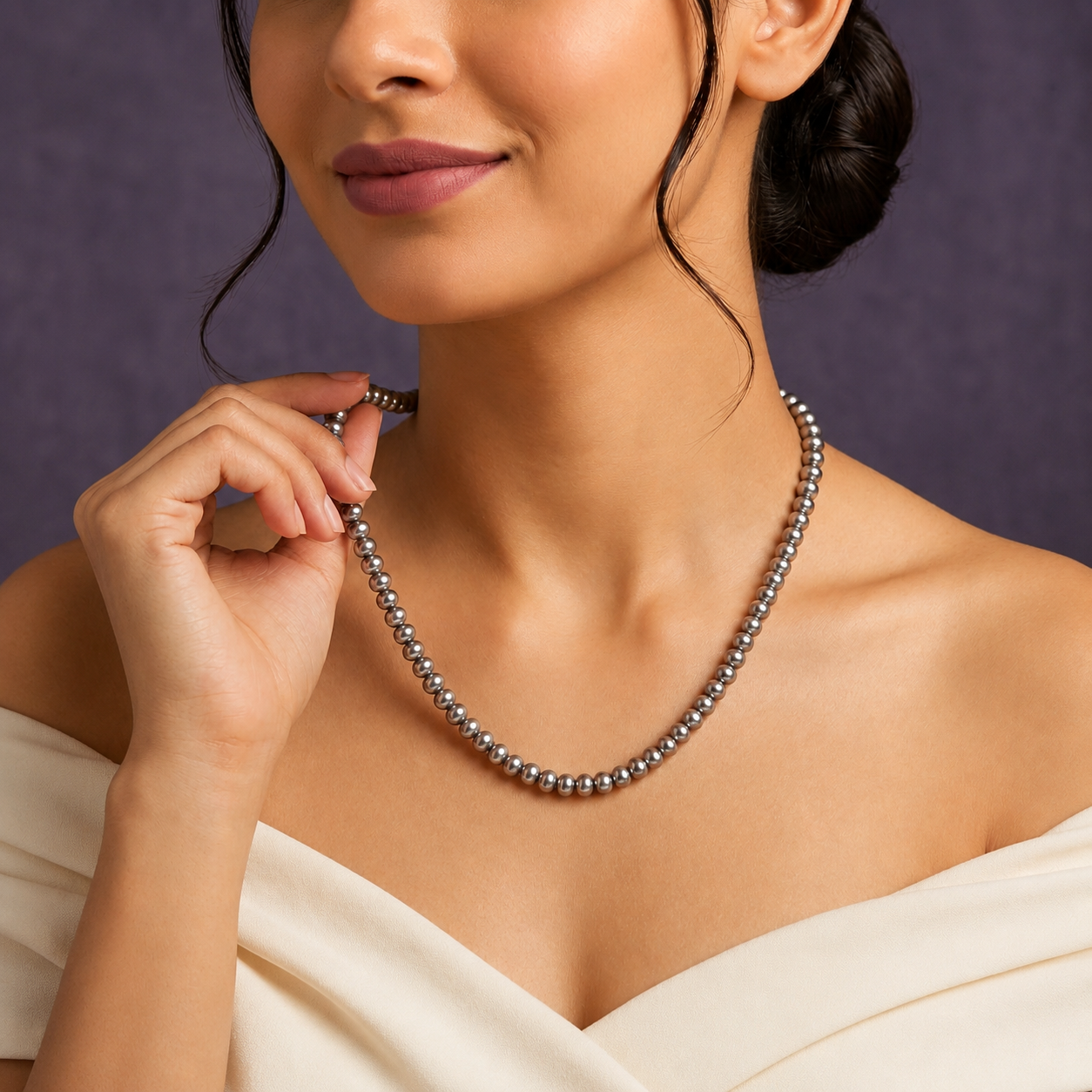 Grey Radiation Seed Pearl Single Line Mala Necklace (5-6 mm) | Pure Pearl Mala | Krishna Pearls & Jewellers, Hyderabad