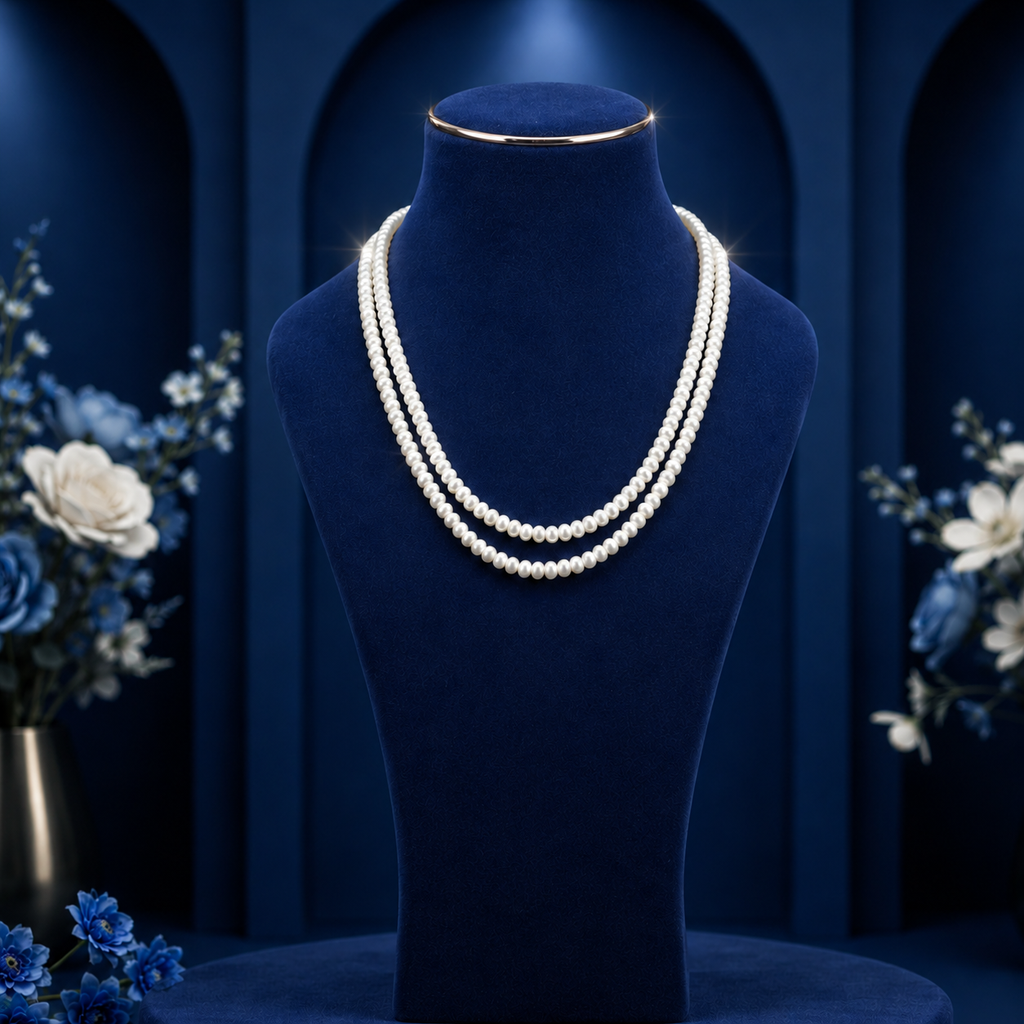 White Seed Pearl Double Line Mala Necklace (5-6 mm) | Pure Pearl Mala | Krishna Pearls & Jewellers, Hyderabad