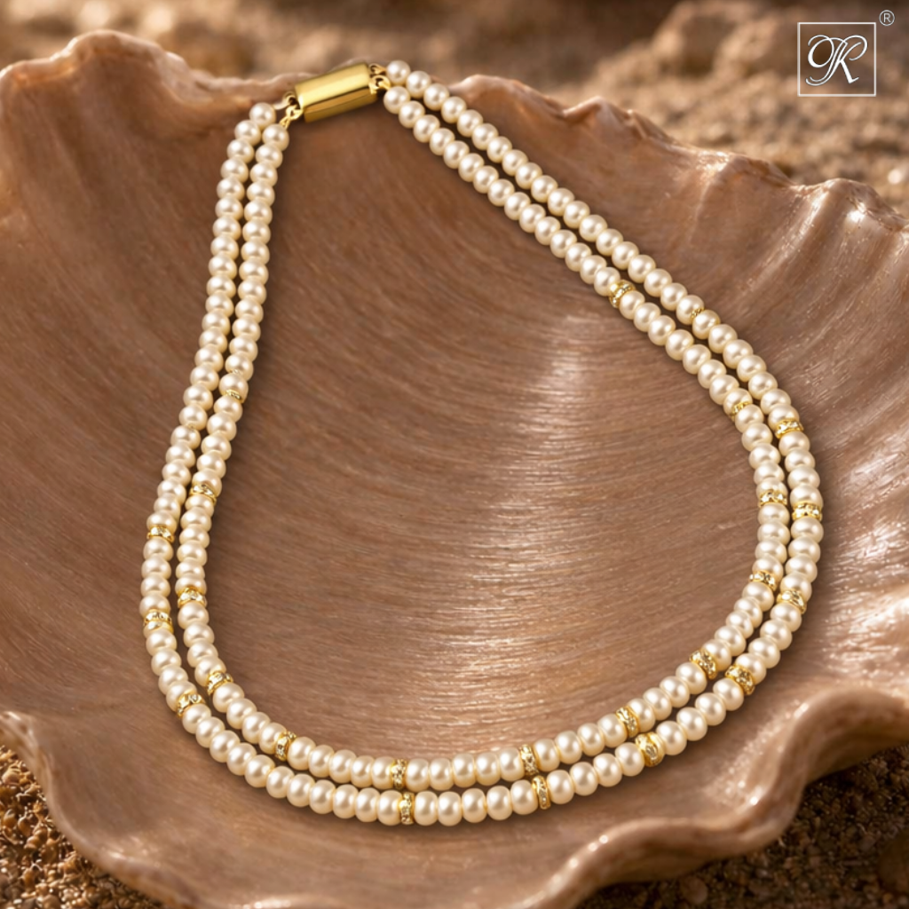 Double-Strand White Pearl String with Gold — view 1 — pearl jewellery — Krishna Pearls Hyderabad