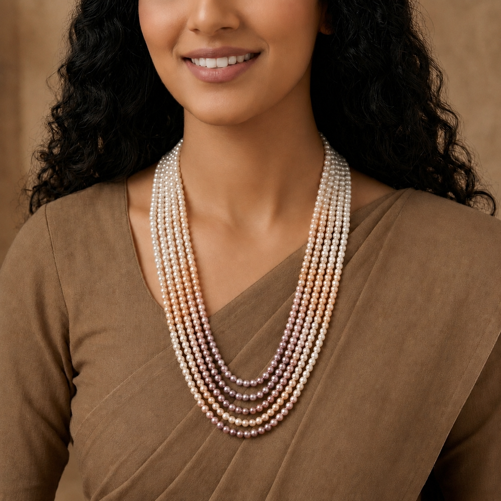 Shaded Multi-Colour Seed Pearl Five-Line Mala Necklace (5-6 mm) | Pure Pearl Mala | Krishna Pearls & Jewellers, Hyderabad