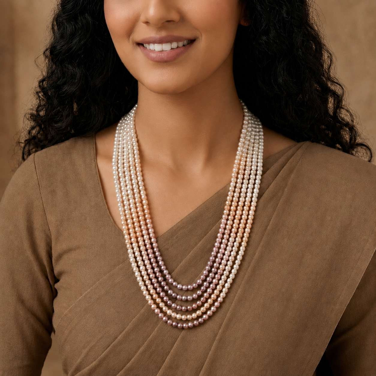 Shaded Multi-Colour Seed Pearl Five-Line Mala Necklace (5-6 mm) | Pure Pearl Mala | Krishna Pearls & Jewellers, Hyderabad