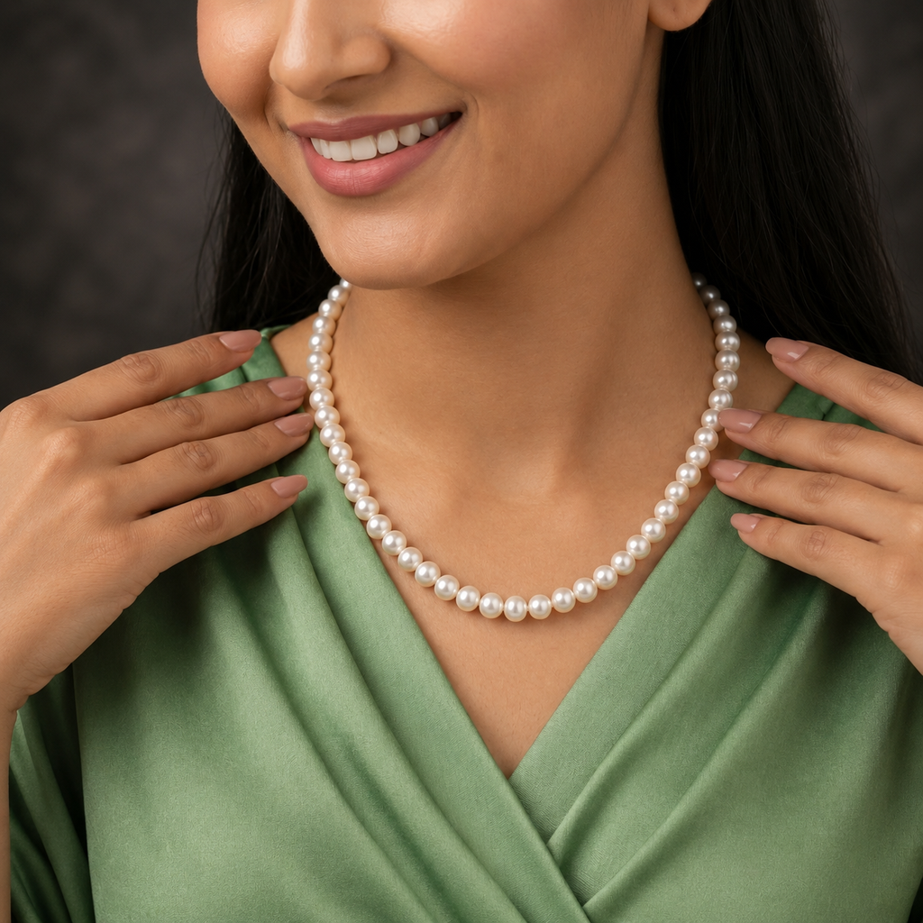 Prestige White Seed Pearl Single Line Mala (7-8 mm) | Pure Pearl Mala | Krishna Pearls & Jewellers Hyderabad