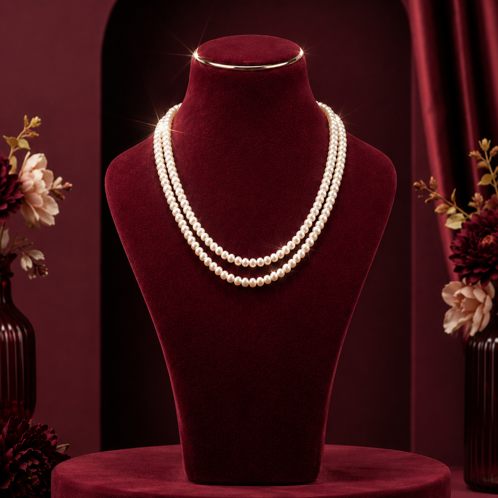 Pink Seed Pearl Double Line Mala Necklace (5-6 mm) | Pure Pearl Mala | Krishna Pearls & Jewellers, Hyderabad