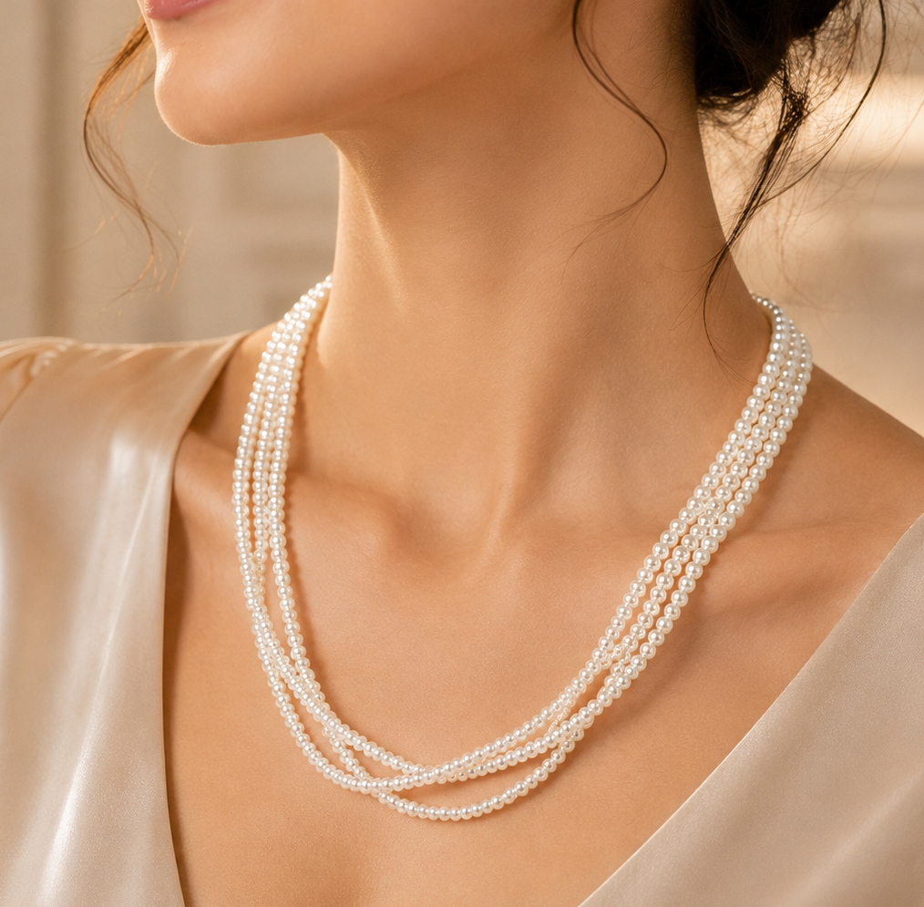 Elegant Three Line Twisted Seed Pearl Mala – Multi-Strand Freshwater Pearl Necklace | Krishna Pearls and Jewellers