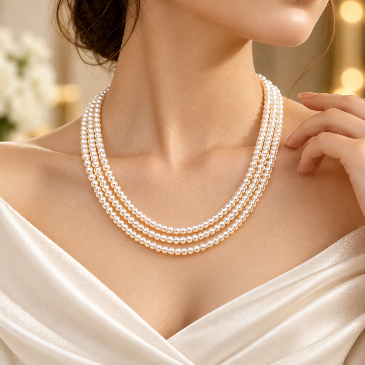 Elegant Three Line Twisted Seed Pearl Mala – Multi-Strand Freshwater Pearl Necklace | Krishna Pearls and Jewellers