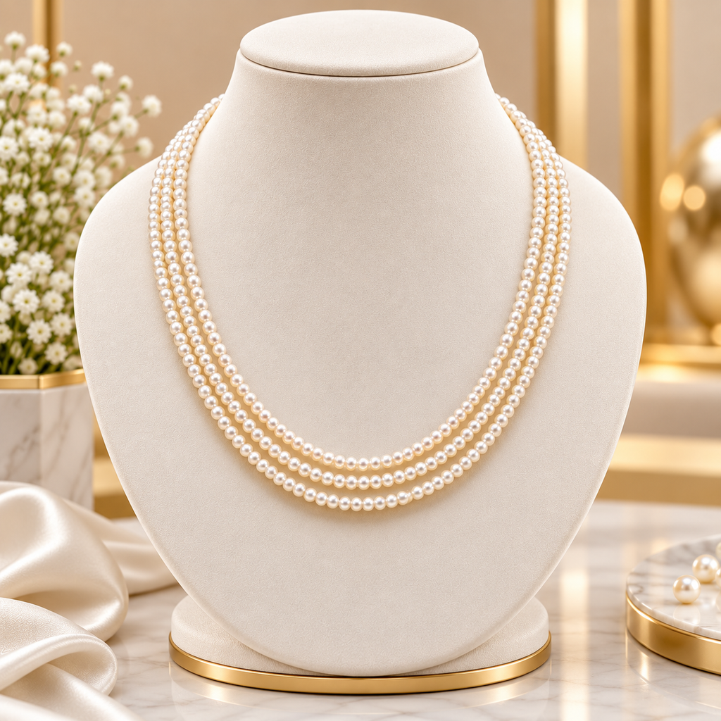 Elegant Three Line Twisted Seed Pearl Mala – Multi-Strand Freshwater Pearl Necklace | Krishna Pearls and Jewellers