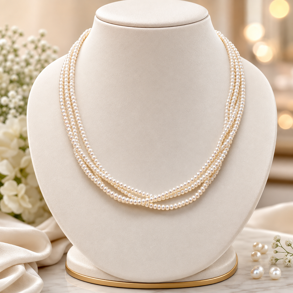 Elegant Three Line Twisted Seed Pearl Mala – Multi-Strand Freshwater Pearl Necklace | Krishna Pearls and Jewellers