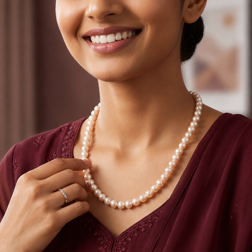 Pink Seed Pearl Single Line Mala Necklace (5-6 mm) | Pure Pearl Mala | Krishna Pearls & Jewellers, Hyderabad