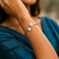 Sterling Silver Polish Dual Pearl Open Bangle Bracelet for Women