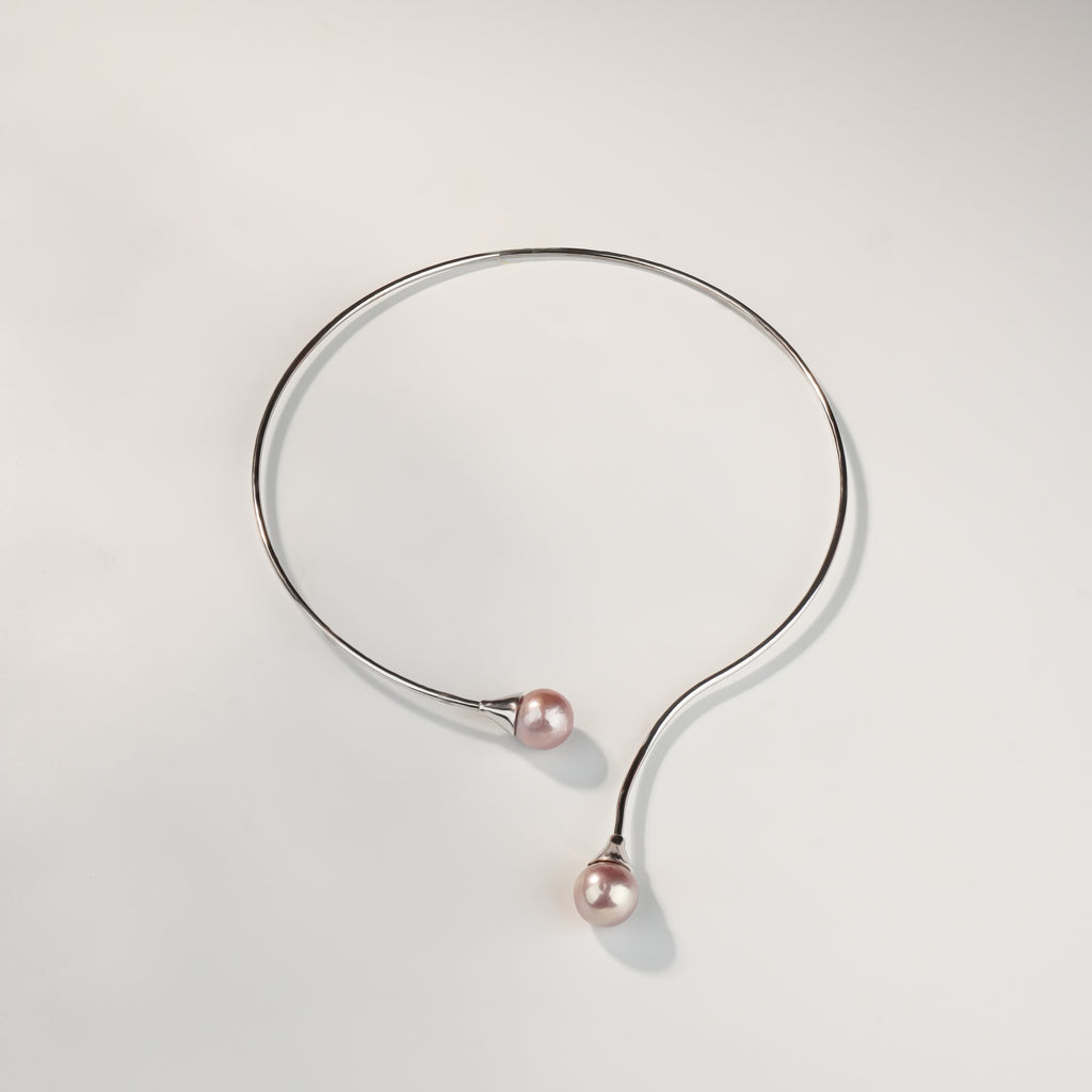 Pink Freshwater Pearl Open Collar Necklace in Sterling Silver | Modern Pearl Torque Necklace for Women